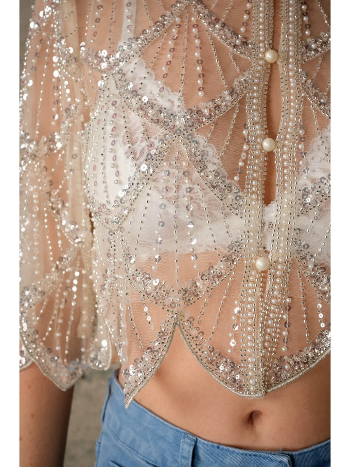 Sequin Beaded Mesh Cape Top