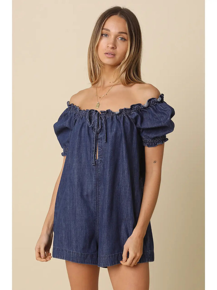 Nadia Denim Puff-Sleeve Romper