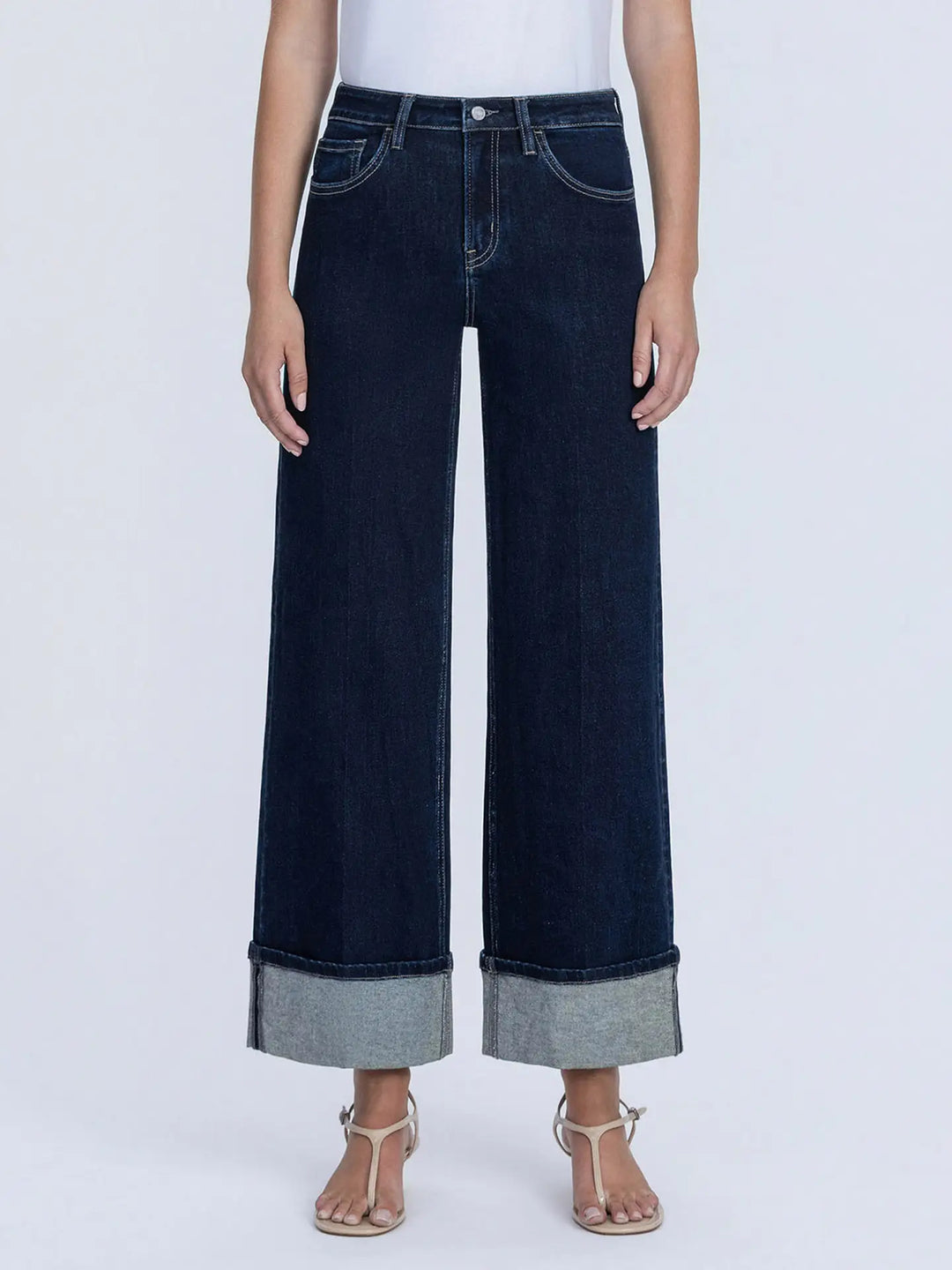 Dark Wash Trouser Fold Cuffed Wide Leg Jeans