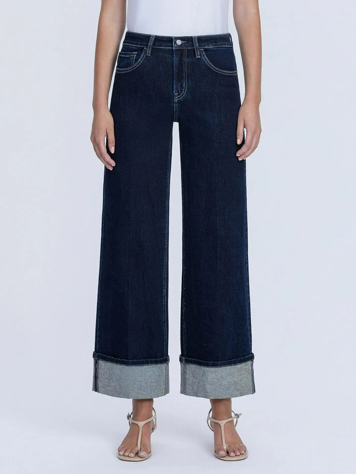 Dark Wash Trouser Fold Cuffed Wide Leg Jeans