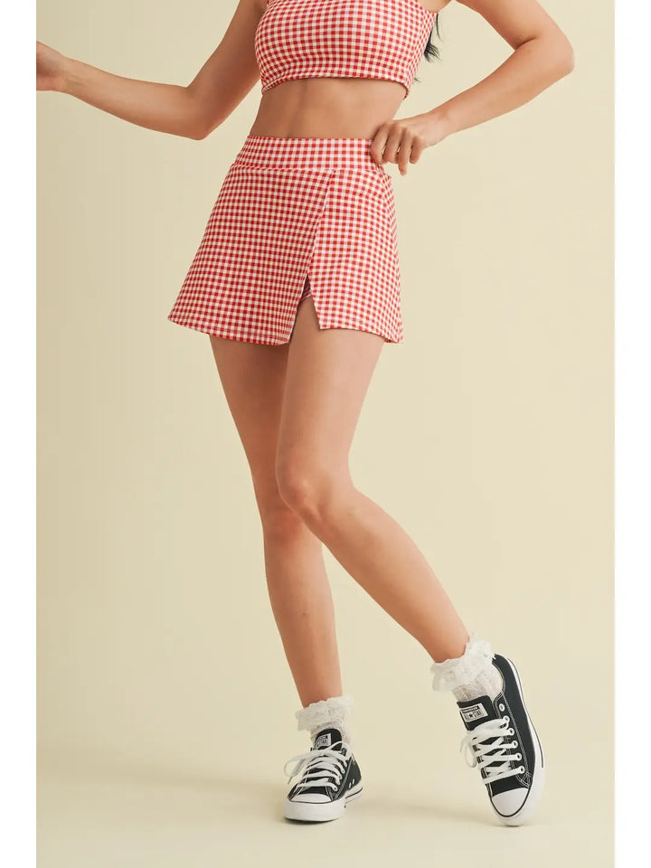 Gingham Print Side Slit A-Line Skort