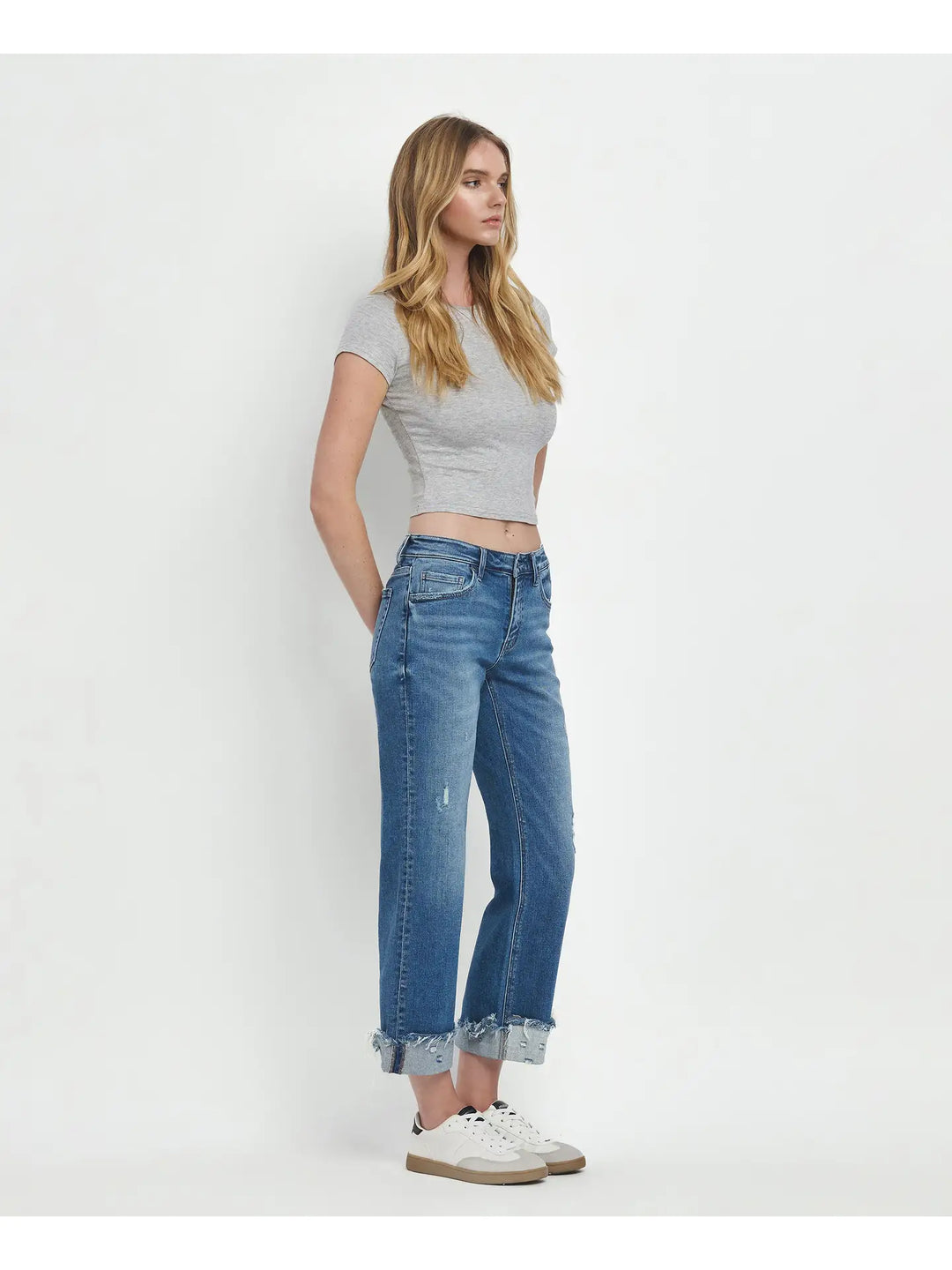 Mid Rise Raw Cuffed Hem Slim Wide Jeans