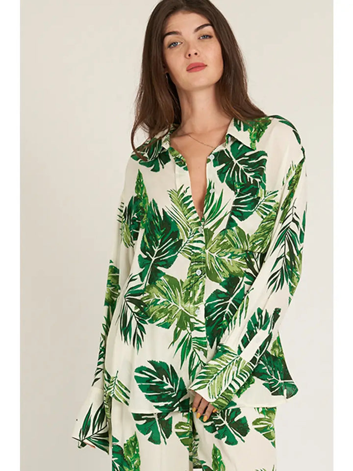 Leaf Print Long Sleeve Button Down Shirt