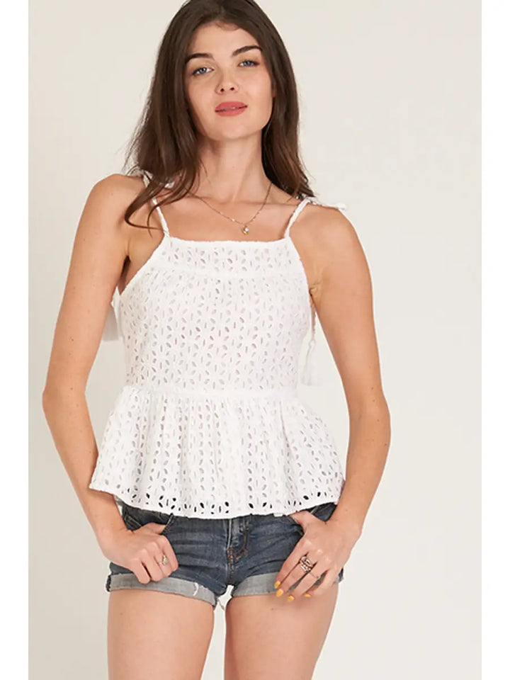 Shoulder Tie Eyelet Peplum Top