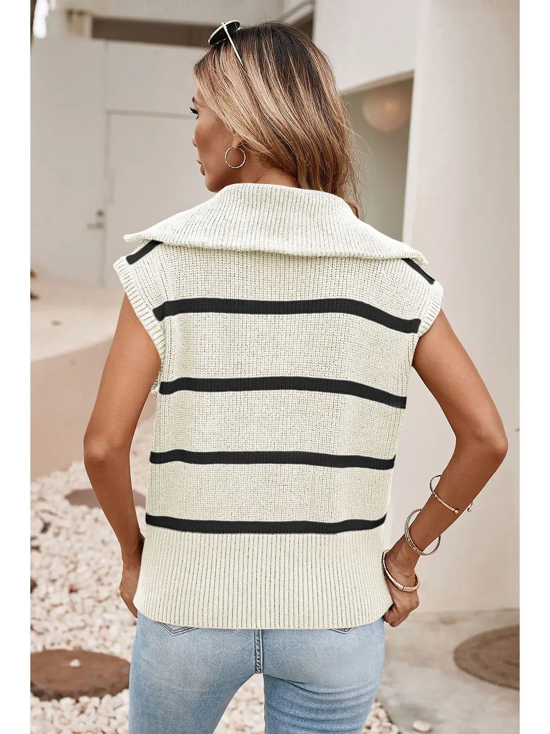 Stripe Zipped Collar Cap Sleeve Knit Top