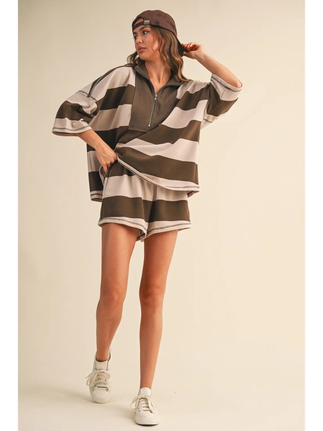Striped Zip Up Oversized Top and Shorts Set