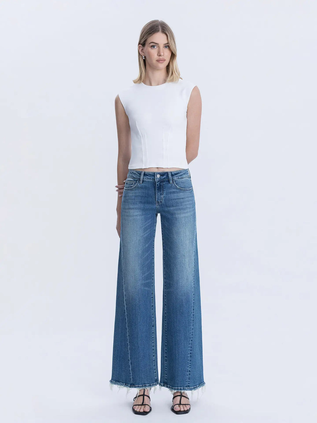 MID RISE MEDIUM DARK TWIST LEG WIDE JEANS