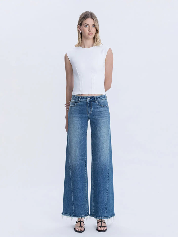 MID RISE MEDIUM DARK TWIST LEG WIDE JEANS