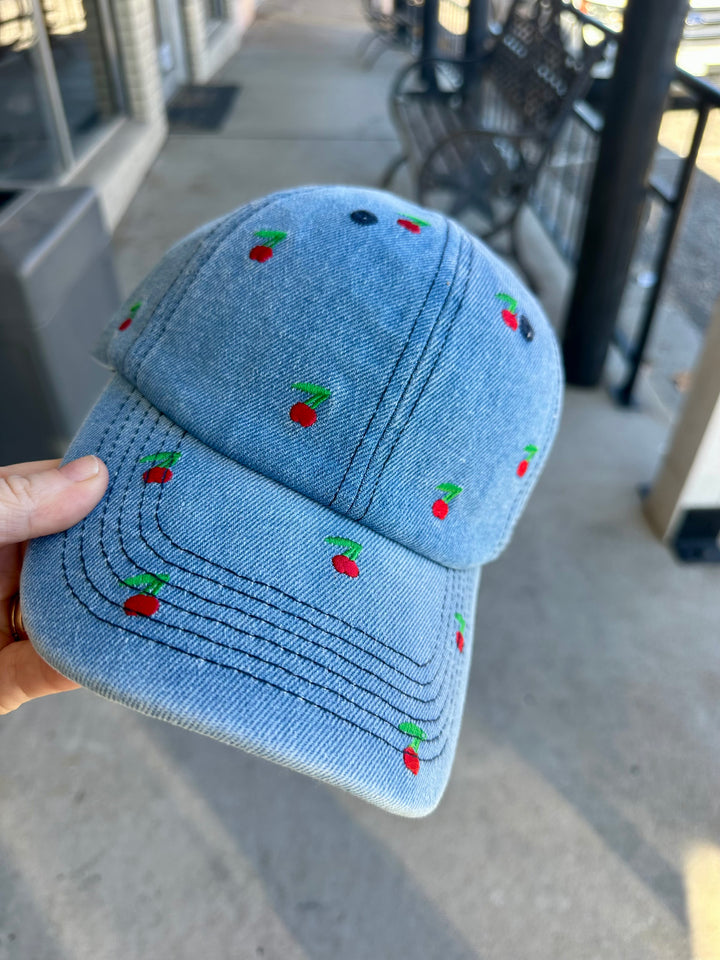 Cherry Embroidered Denim Baseball Trucker Cap