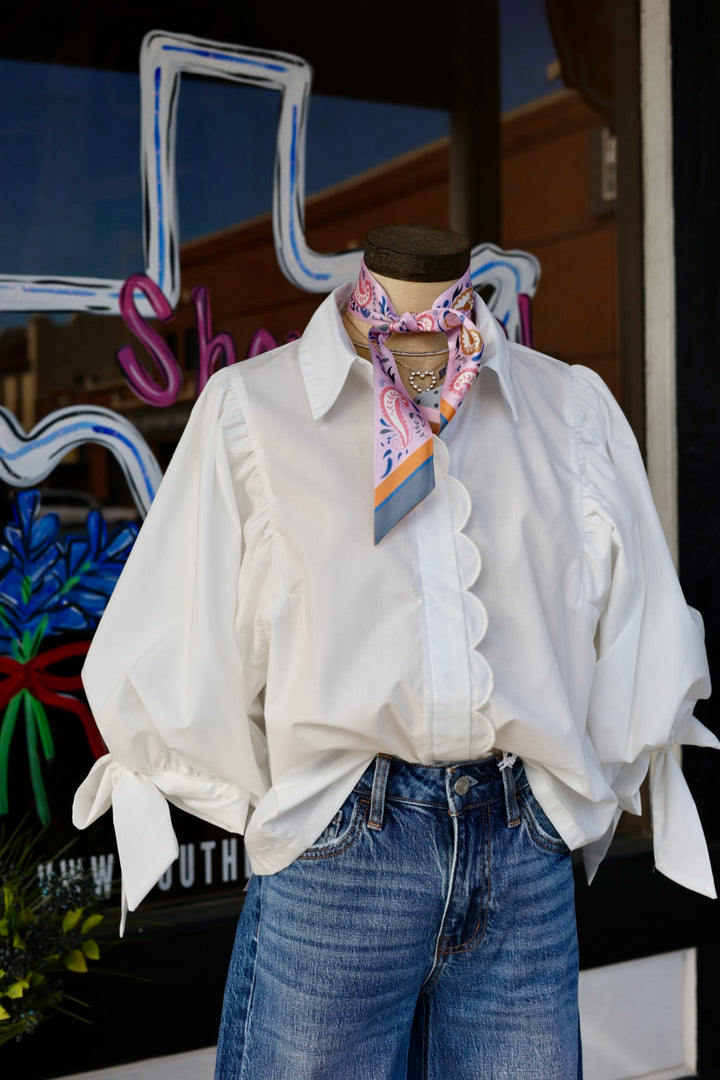 Scalloped Button Down Top-White