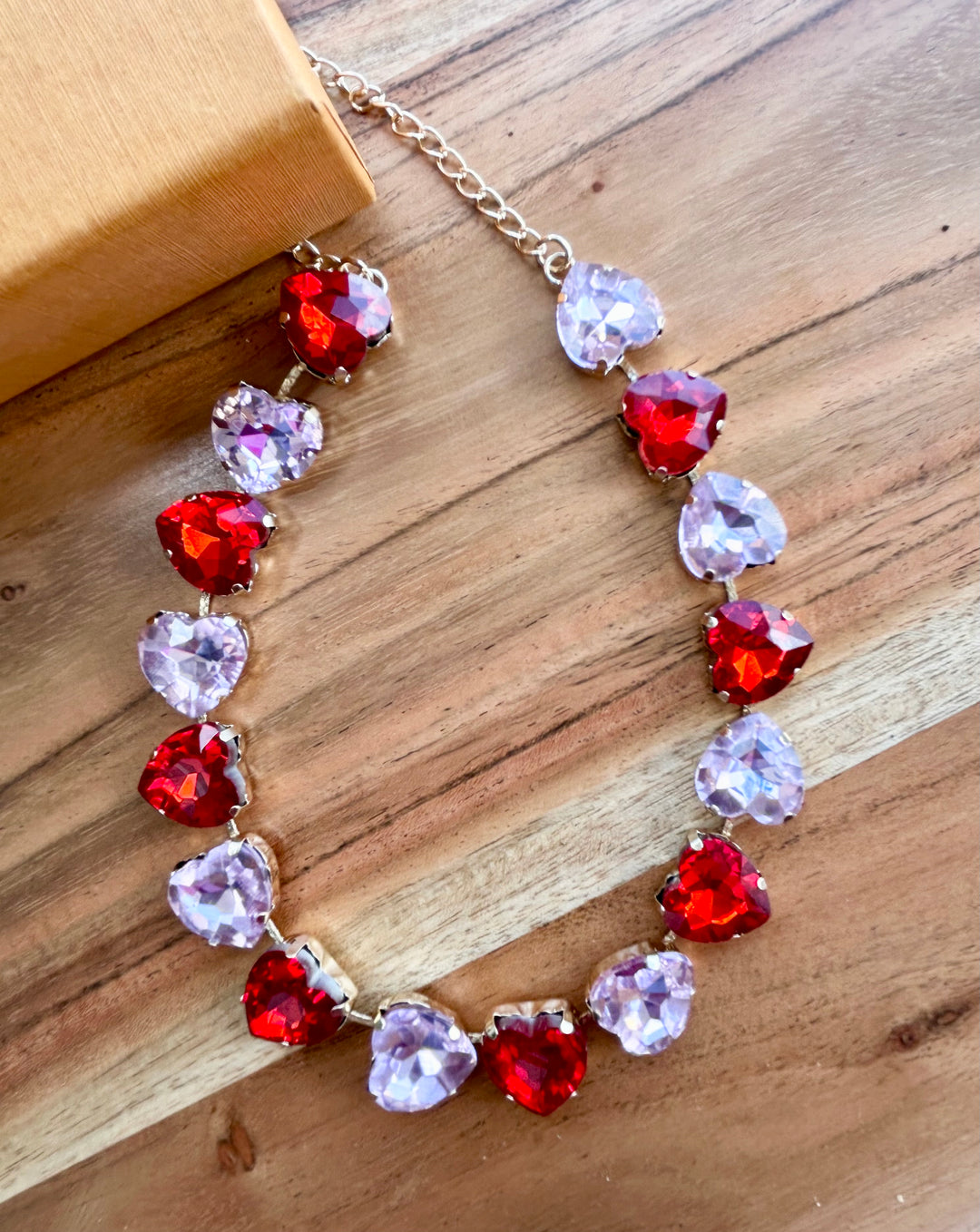Pink and Red Rhinestone Heart Neckace