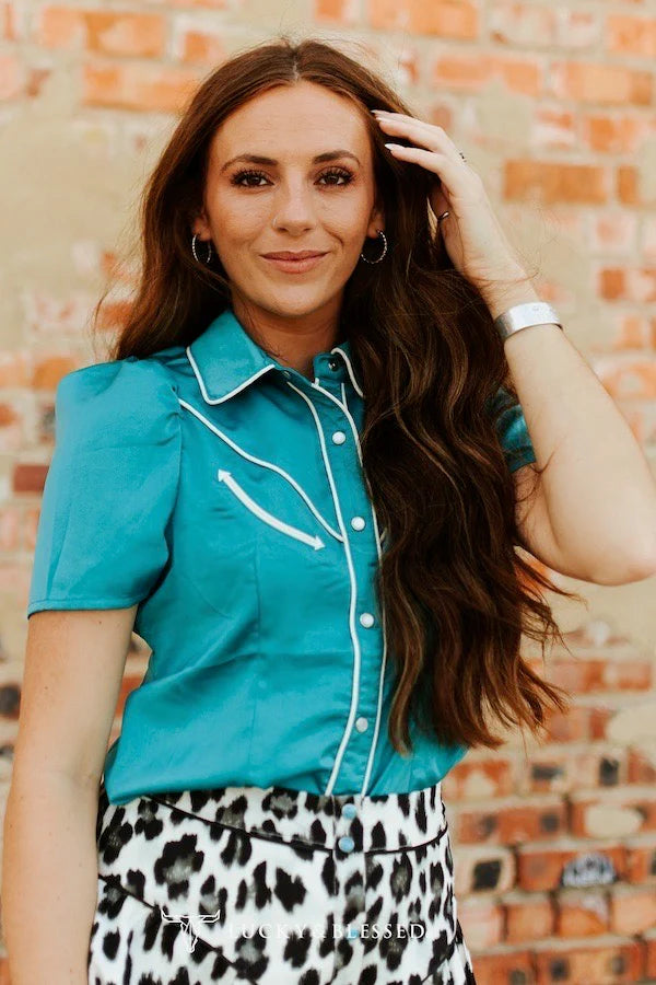 Jade Satin Pearl Button Up