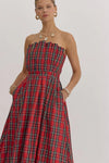 Pleated Strapless Plaid Dress