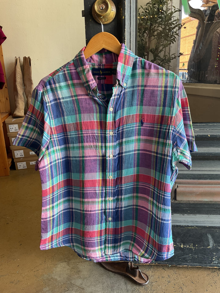 Thrifted-Linen Plaid Ralph Lauren Button Down
