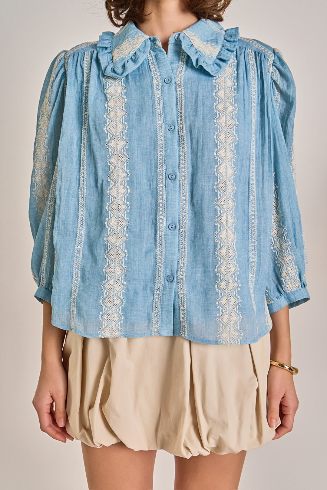Embroidered Ruffle Collar Top