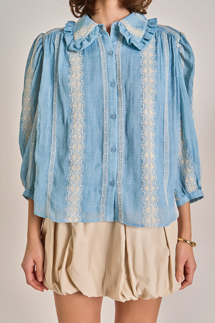 Embroidered Ruffle Collar Top