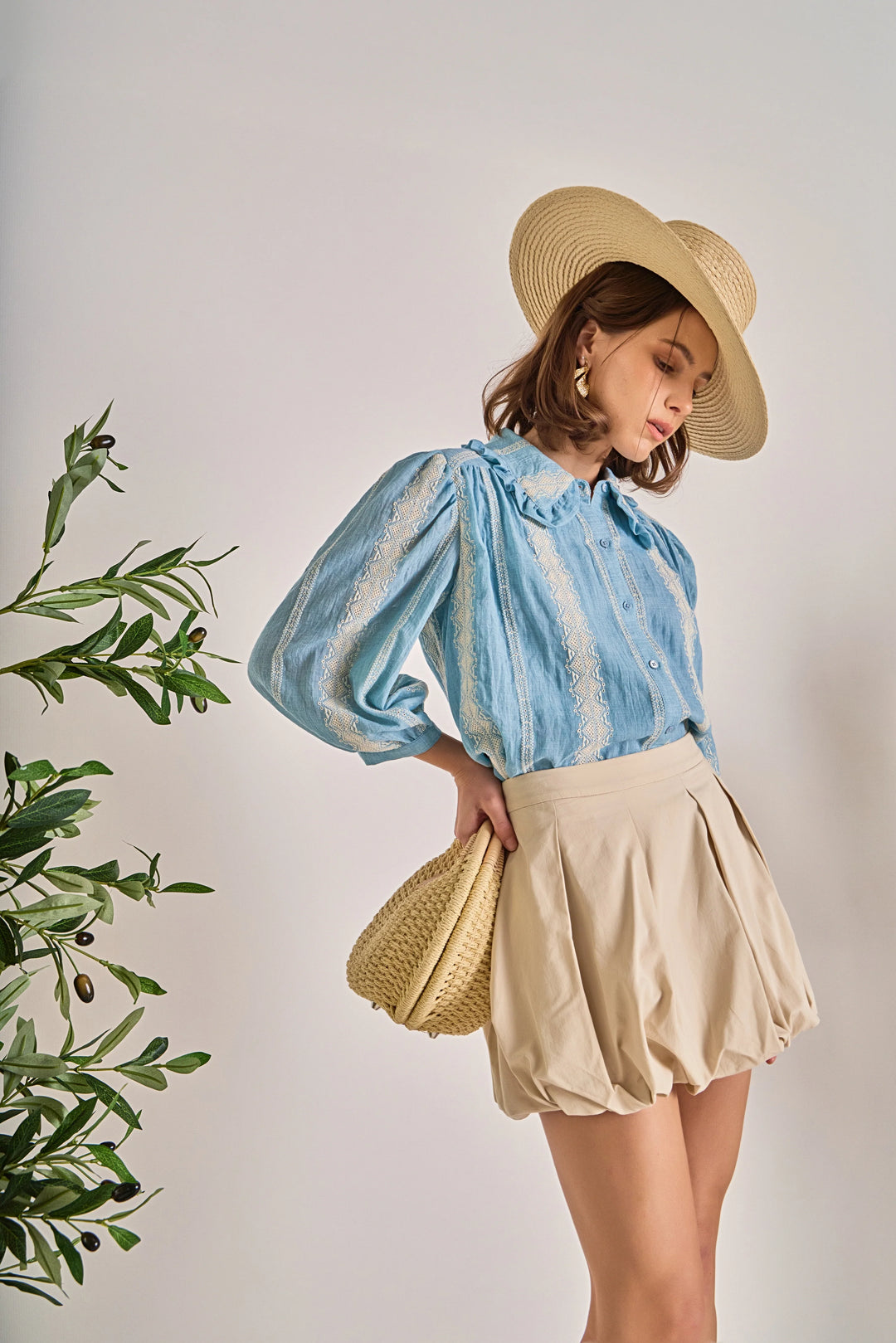 Embroidered Ruffle Collar Top