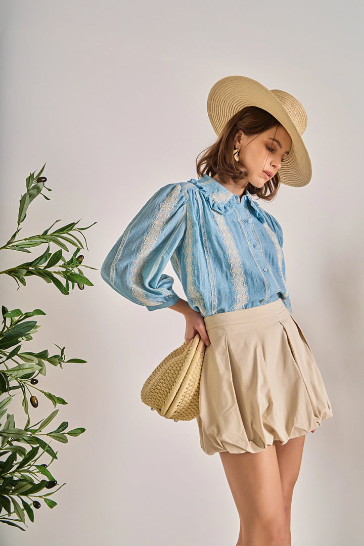 Embroidered Ruffle Collar Top