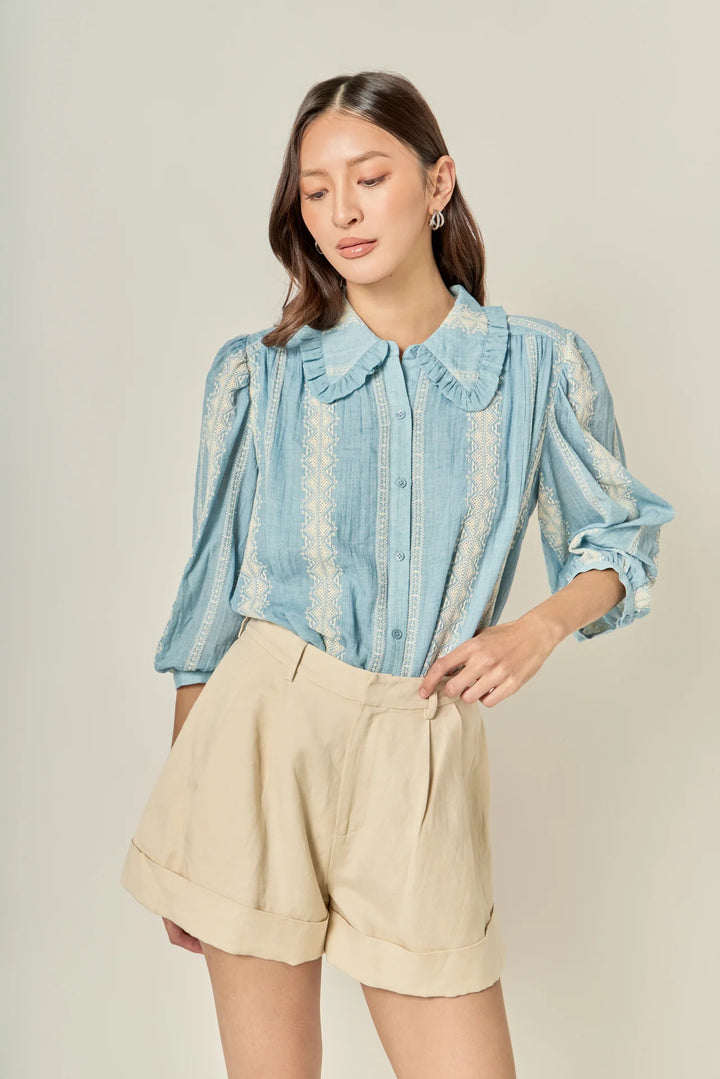 Embroidered Ruffle Collar Top