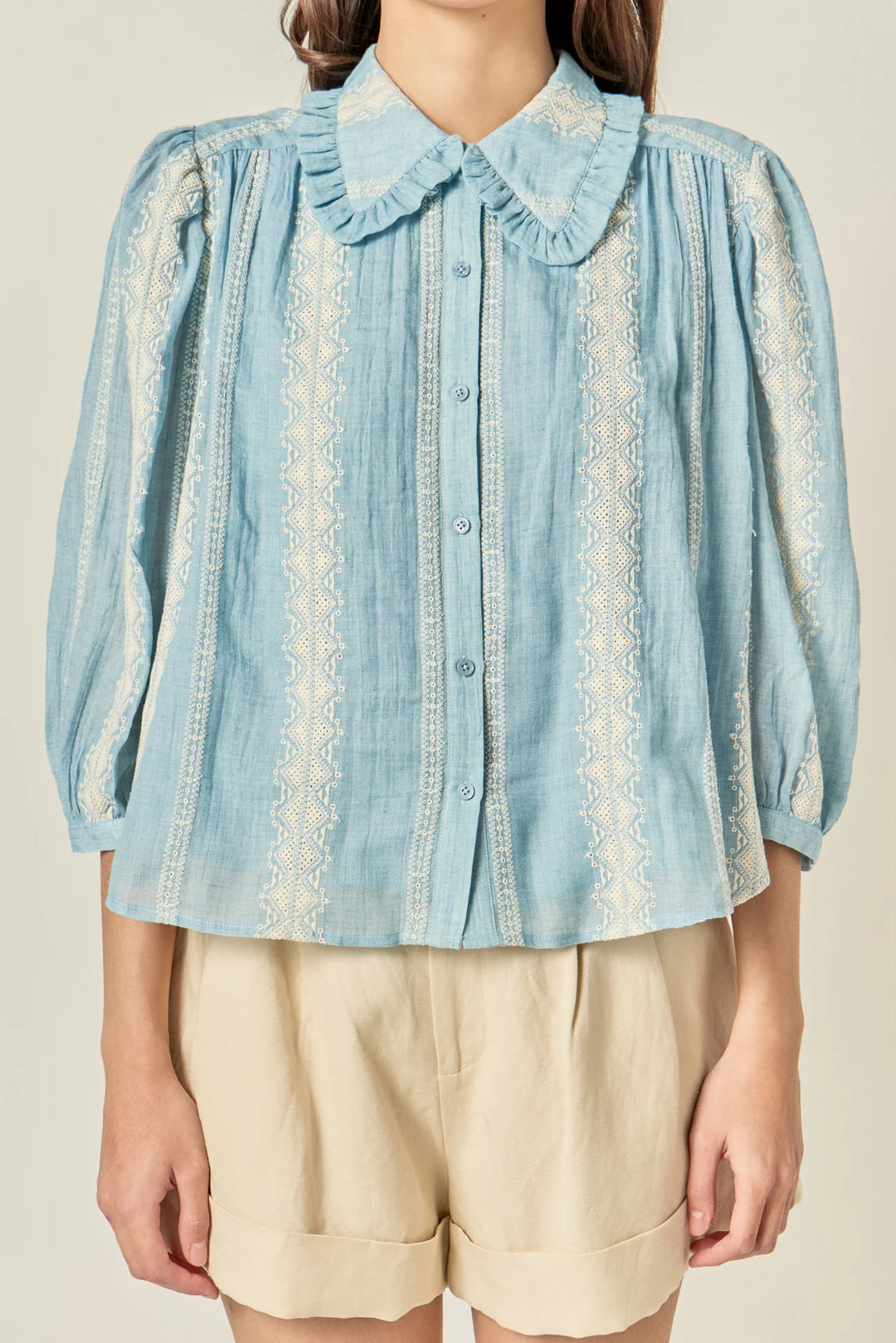 Embroidered Ruffle Collar Top