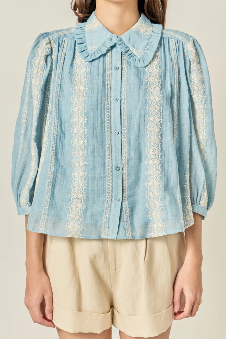 Embroidered Ruffle Collar Top