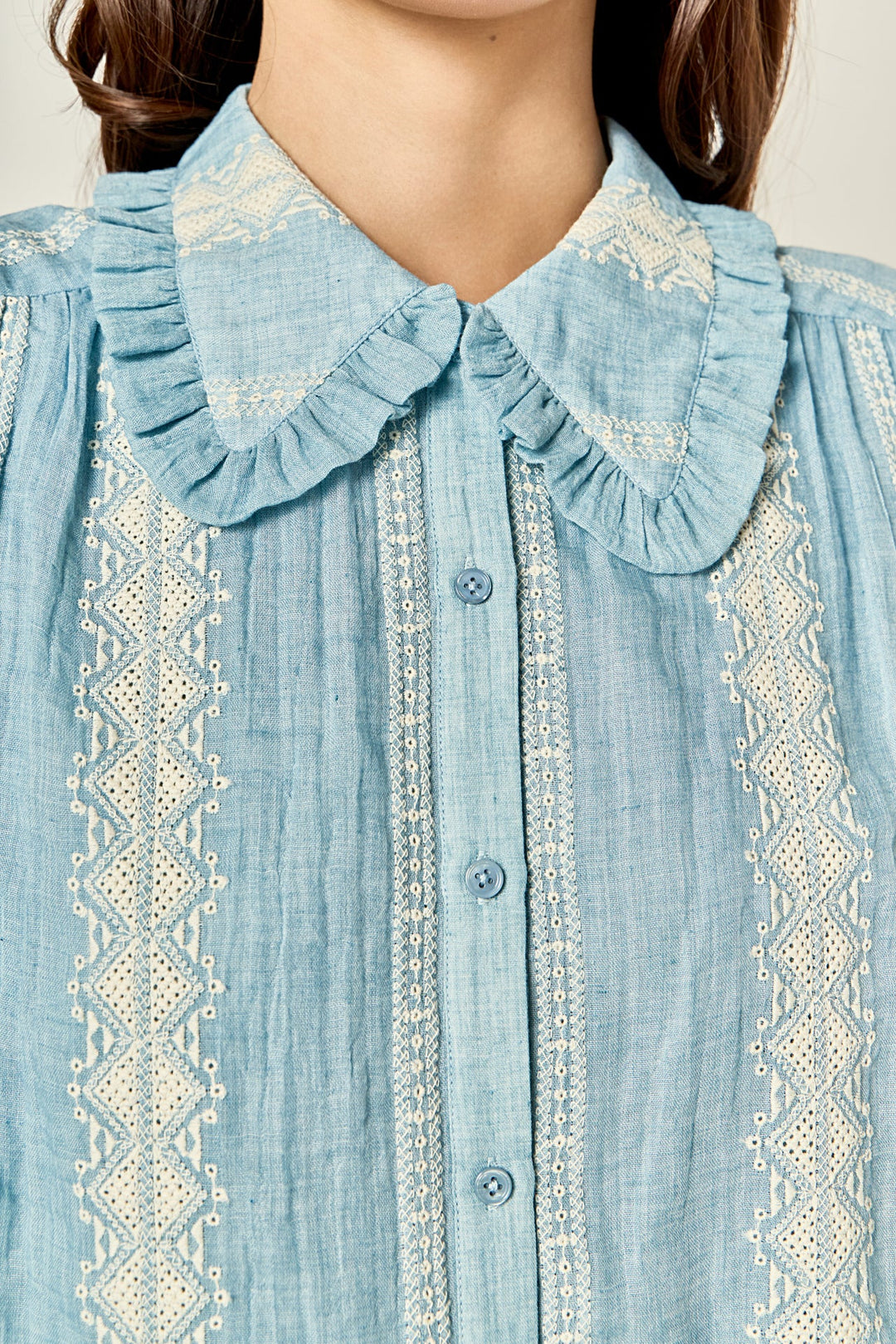 Embroidered Ruffle Collar Top