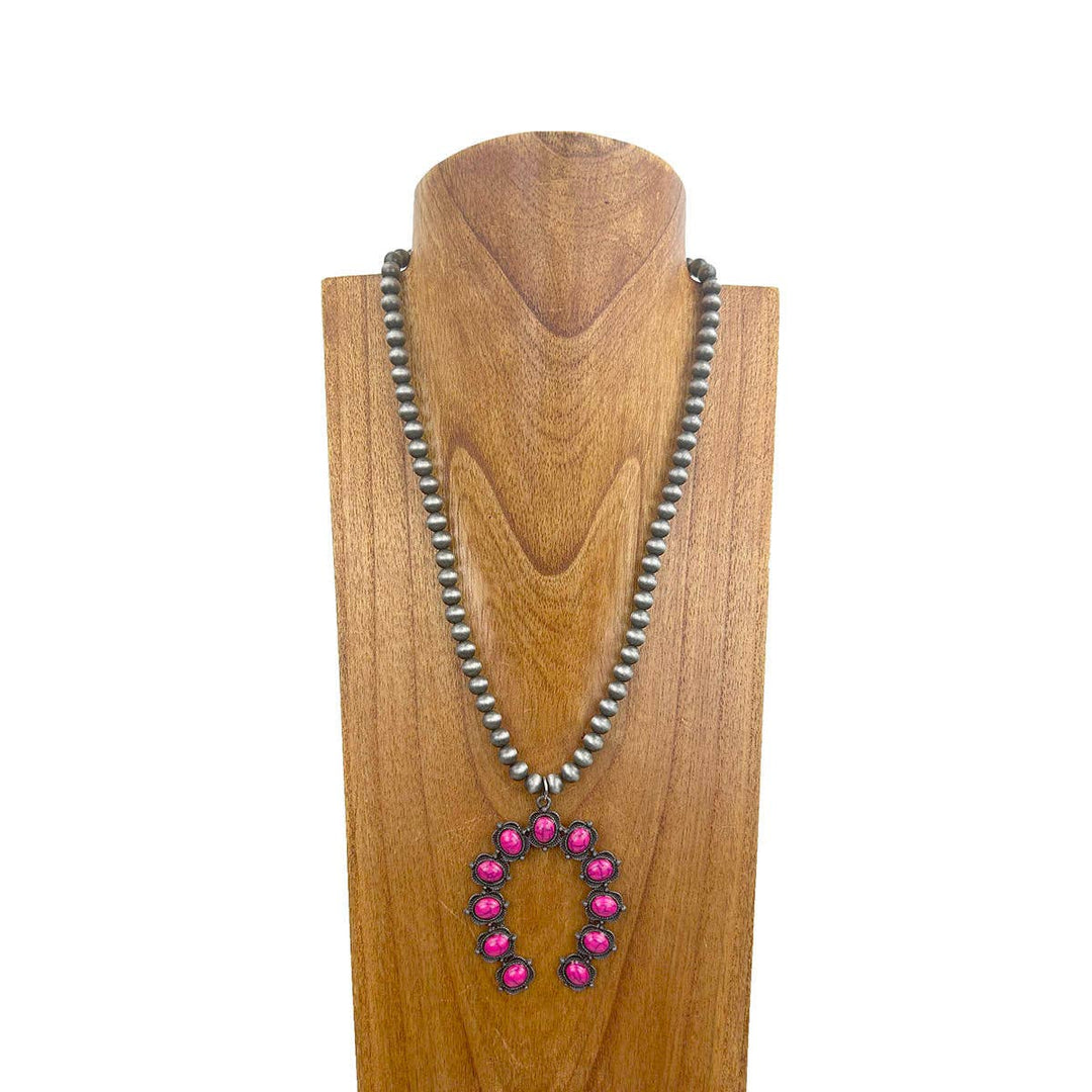 23'' Silver pearl beads with orange stone horse shoe pendent Necklace