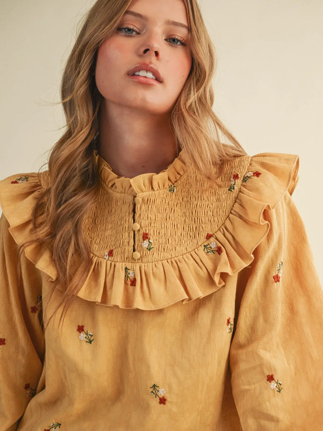 Ruffled Smocked Yoke Embroidered Blouse