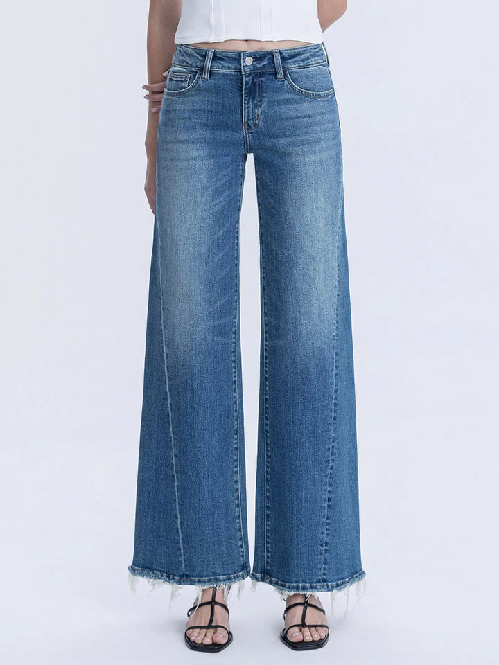 MID RISE MEDIUM DARK TWIST LEG WIDE JEANS