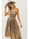 Flowy Metallic Smocked Midi Dress with Ruffles