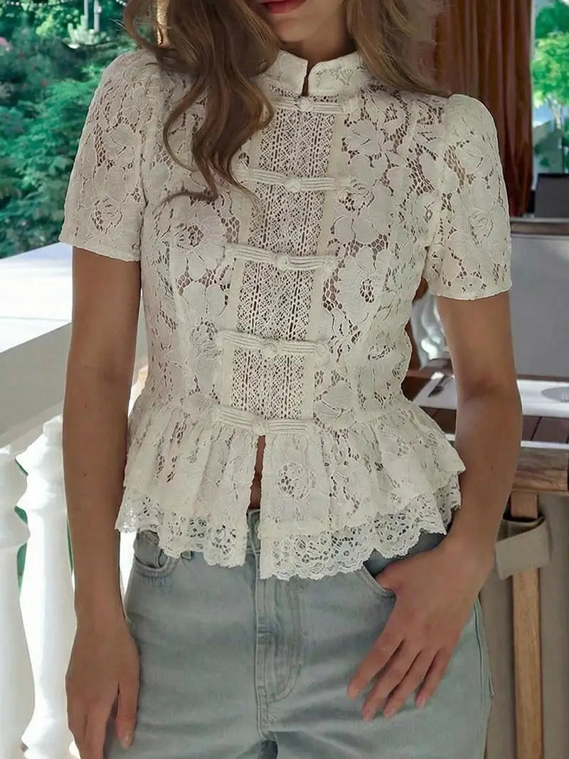 Lace Mandarin Collar Peplum Top