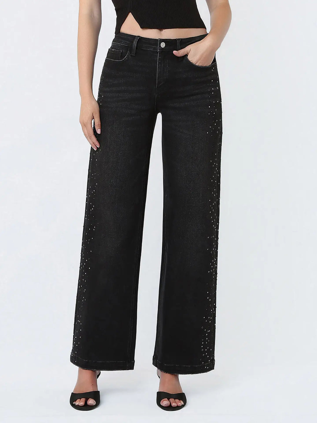High Rise Black Rhinestone Embellished Wide Jeans