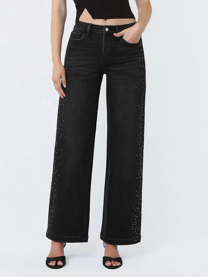 High Rise Black Rhinestone Embellished Wide Jeans