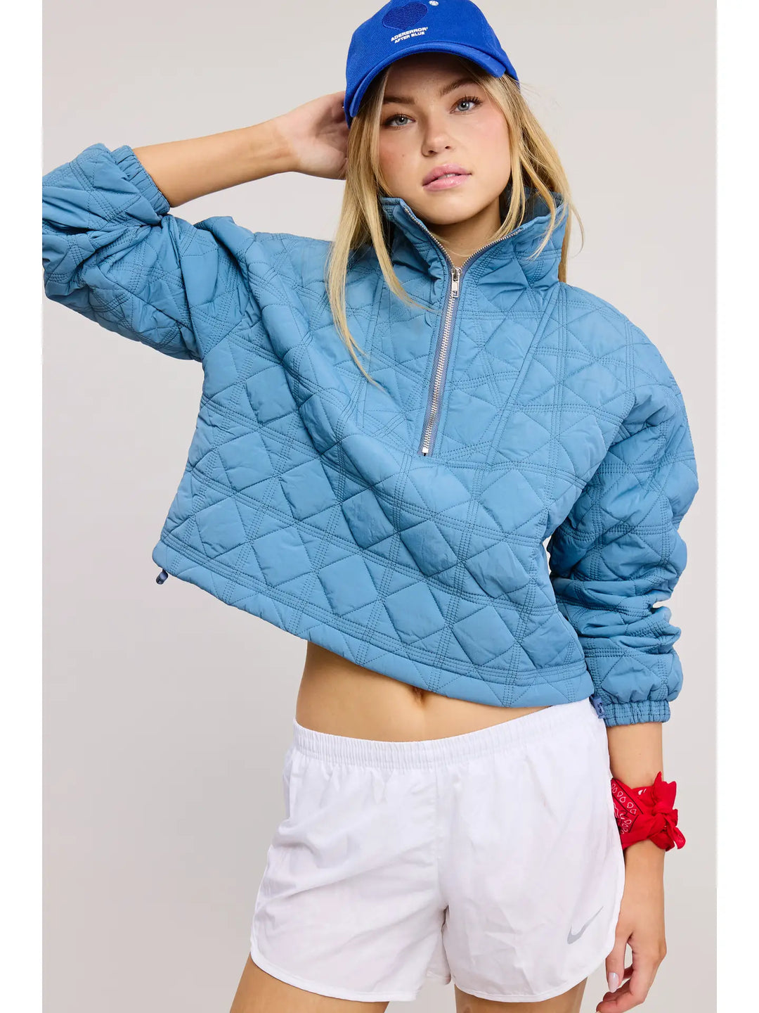 Quilted Puffer Sweater with Collared Zipper-Blue