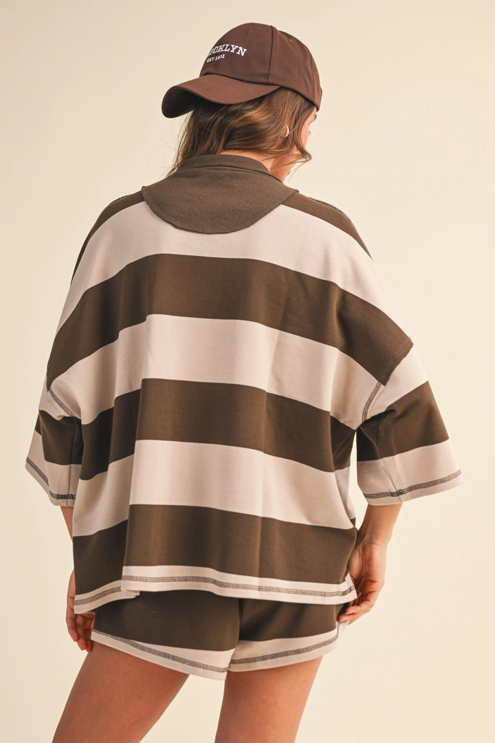 Striped Zip Up Oversized Top and Shorts Set