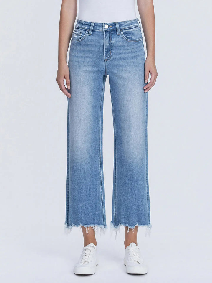 High Rise Distressed Hem Crop Slim Wide Jeans