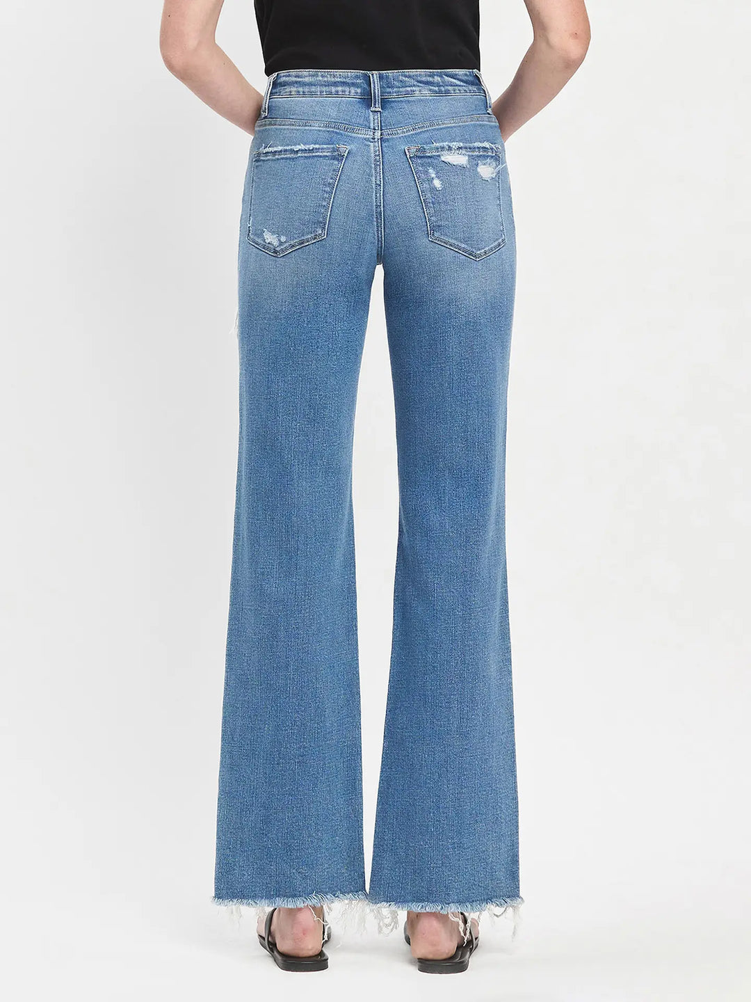 High Rise Medium Wash Distressed Slim Wide Jeans