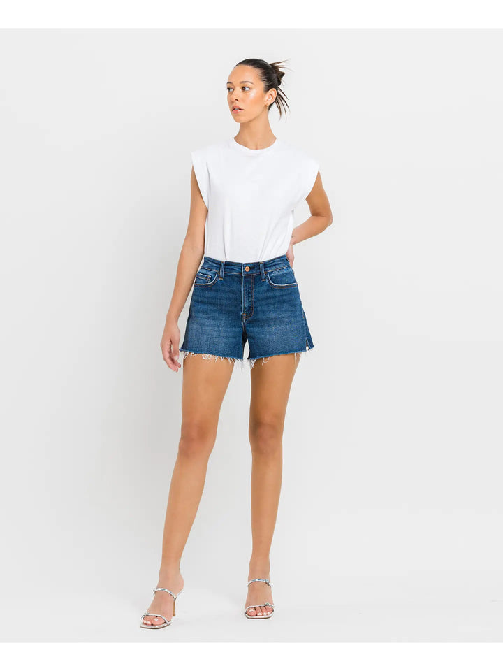 High Rise Slit Raw Hem A-Line Shorts