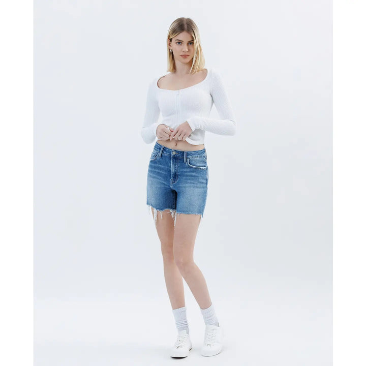 High Rise Raw Hem Boyfriend Shorts