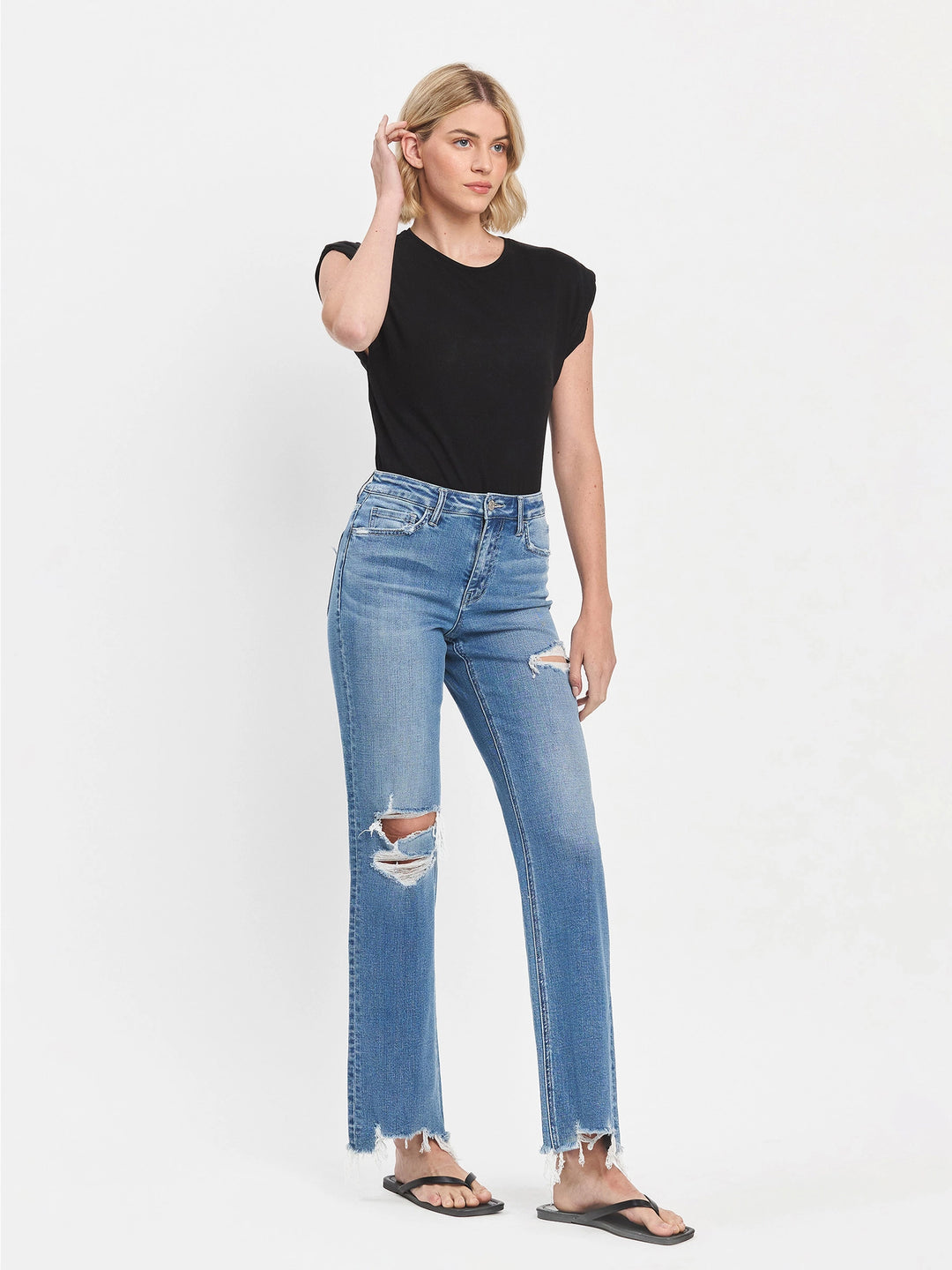 High Rise Medium Wash Distressed Slim Wide Jeans