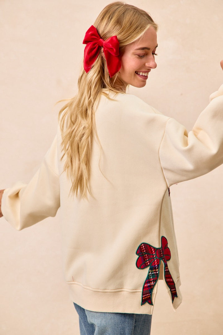 Christmas Plaid Merry Side Bow Patches Sweatshirt