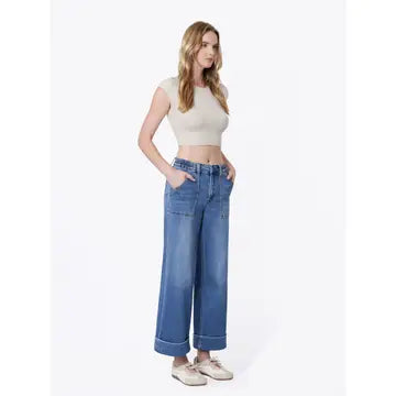 High Rise Double Cuffed Baggy Wide Jeans