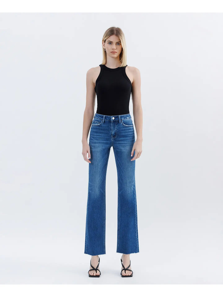 High Rise Clean Cut Raw Hem Straight Jeans