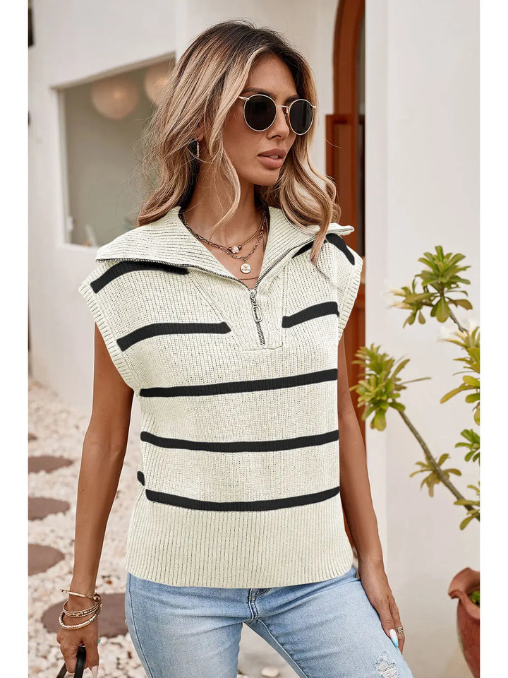 Stripe Zipped Collar Cap Sleeve Knit Top