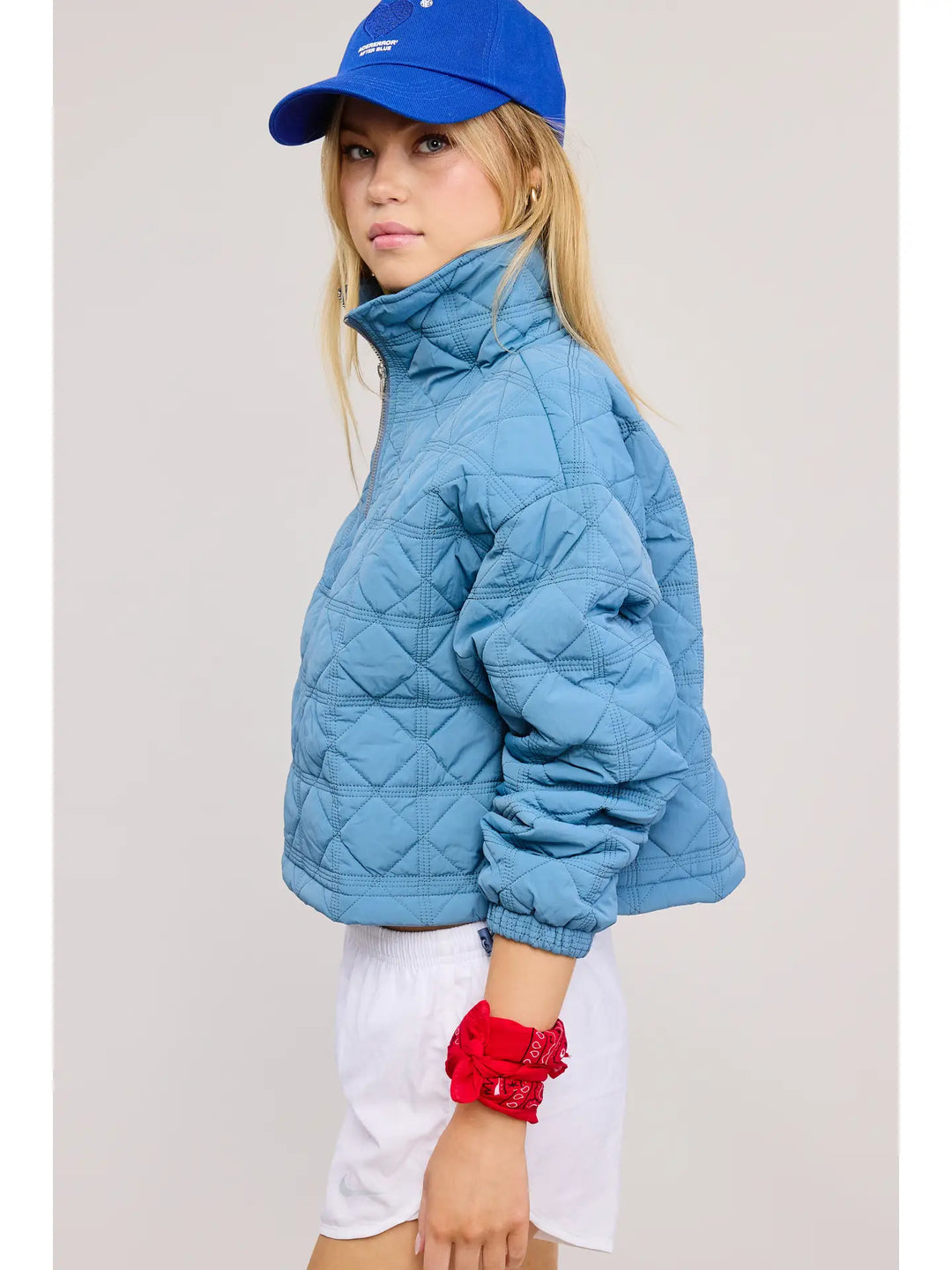 Quilted Puffer Sweater with Collared Zipper-Blue