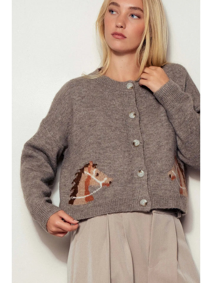 Western Horse Graphic Ribbed Trim Crew Neck Cardigan