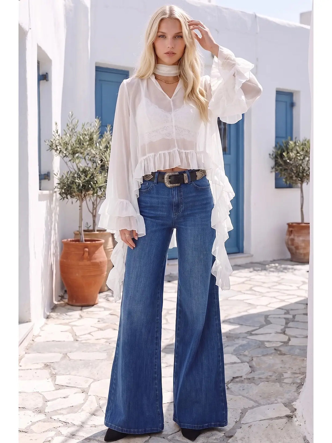 Ruffled Blouse with Mock Neck and Long Asymmetrical Sides