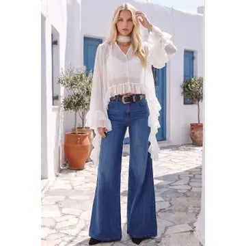 Ruffled Blouse with Mock Neck and Long Asymmetrical Sides