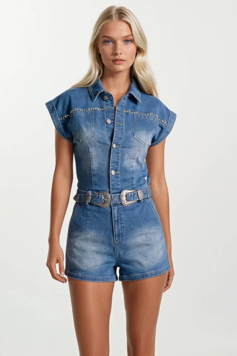 Embroidered Rose Denim Romper