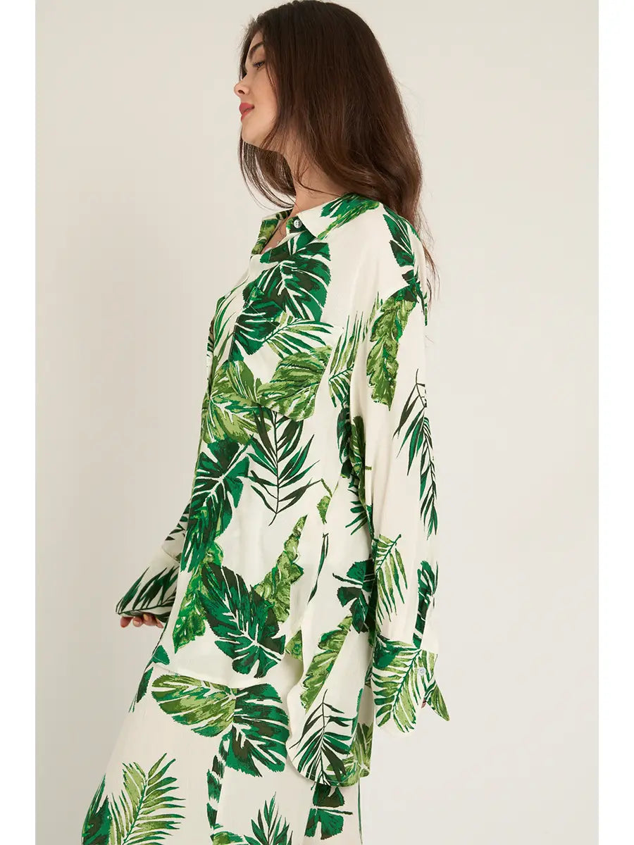 Leaf Print Long Sleeve Button Down Shirt